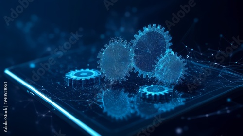 gears on digital tablet. Business concept. With dark blue background. Low poly wireframe with lines, dots and glowing particles