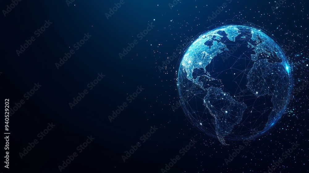 Earth and Magnifying low poly blue. With dark blue background. Low poly wireframe with lines, dots and glowing particles Earth and Magnifying low poly blue. With dark blue background. Low poly wireframe with lines, dots and glowing particles