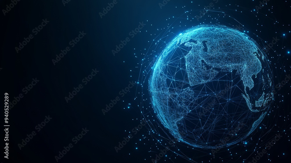 Earth and Magnifying low poly blue. With dark blue background. Low poly wireframe with lines, dots and glowing particles Earth and Magnifying low poly blue. With dark blue background. Low poly wireframe with lines, dots and glowing particles
