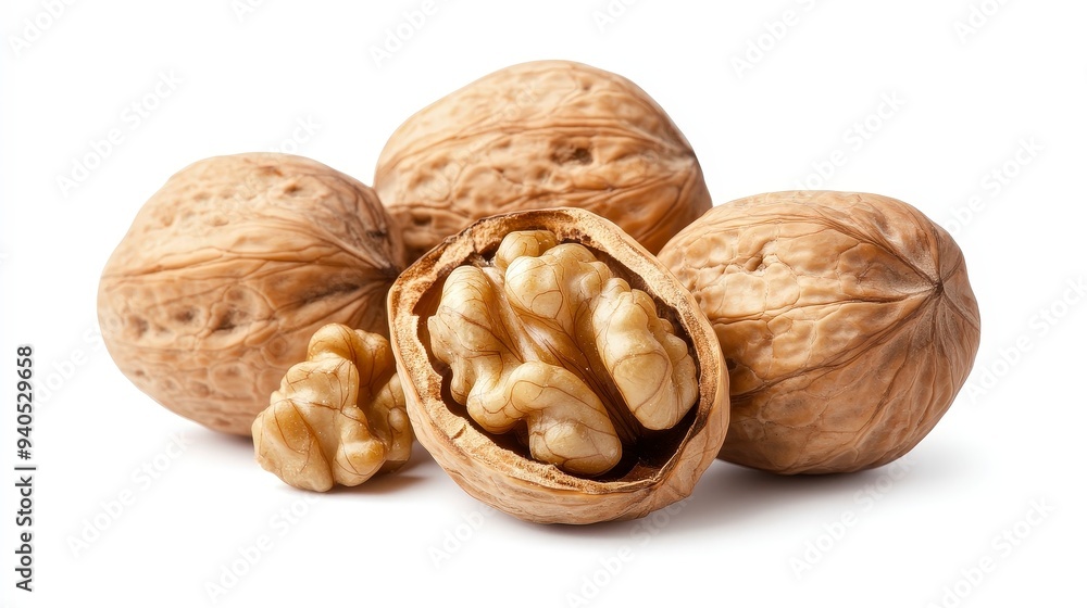 A cluster of walnuts, showcasing both whole and shelled nuts. A cluster of walnuts, showcasing both whole and shelled nuts.