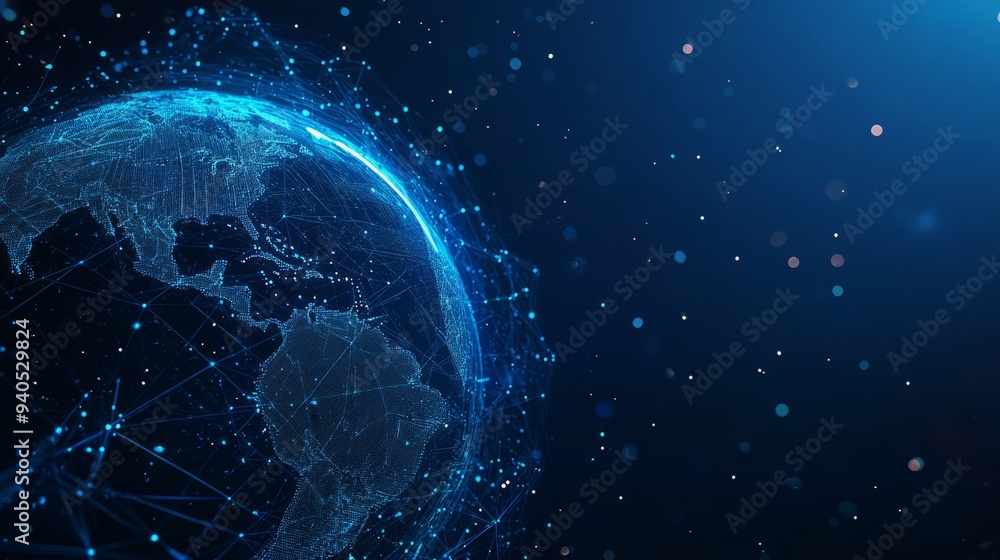 Earth and Magnifying low poly blue. With dark blue background. Low poly wireframe with lines, dots and glowing particles Earth and Magnifying low poly blue. With dark blue background. Low poly wireframe with lines, dots and glowing particles