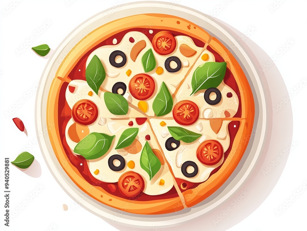 Top view of a fresh, colorful pizza with tomatoes, basil, cheese, and olives, sliced into six pieces, on a white plate. Top view of a fresh, colorful pizza with tomatoes, basil, cheese, and olives, sliced into six pieces, on a white plate.
