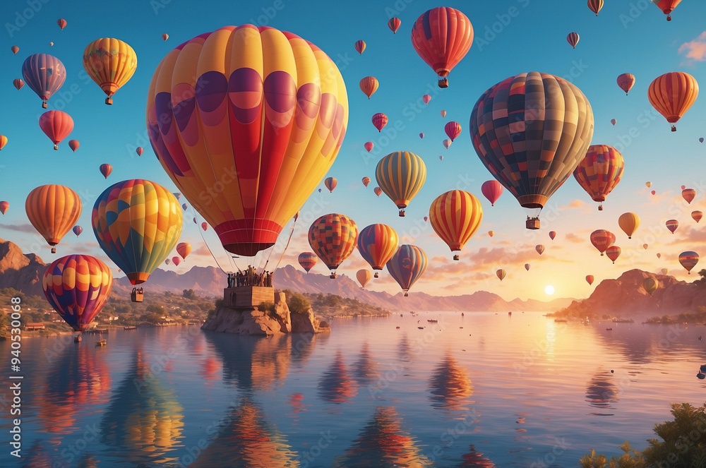 Obraz premium epic landscape during sunset full of hot air balloons 