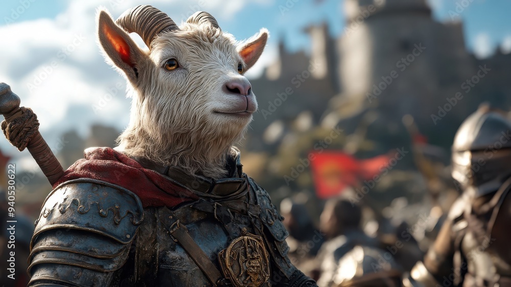 A goat in medieval knight armor standing proudly in front of a grand castle, embodying bravery and chivalry. A goat in medieval knight armor standing proudly in front of a grand castle, embodying bravery and chivalry.
