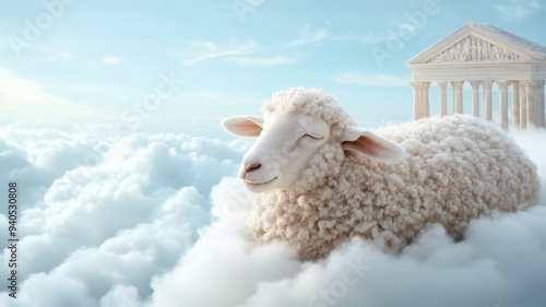 A sheep floating on a soft cloud with a distant Roman temple, creating a dreamy and serene atmosphere. photo