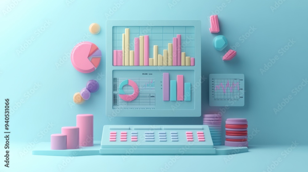 Stock analysis flat design, front view, market research theme, 3D render, colored pastel Stock analysis flat design, front view, market research theme, 3D render, colored pastel