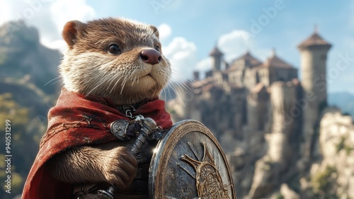 An otter in medieval knight attire, standing proudly with a sword and shield in a historic castle.