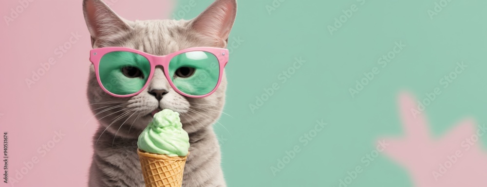 Playful Cat in Pink Sunglasses Holding Ice Cream Cone on Light G Playful Cat in Pink Sunglasses Holding Ice Cream Cone on Light G