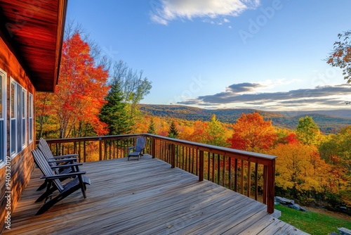 Scenic autumn view from wooden deck at sunset