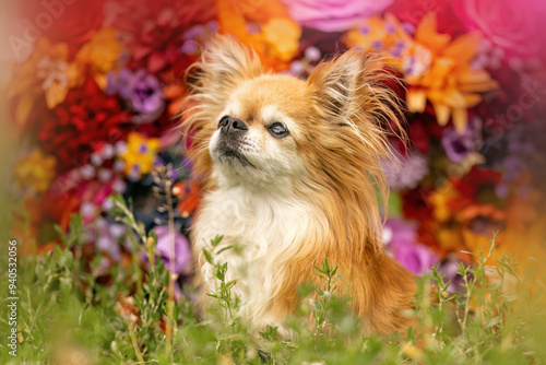 An elderly senior chihuahua dog in front of a colorful flower background