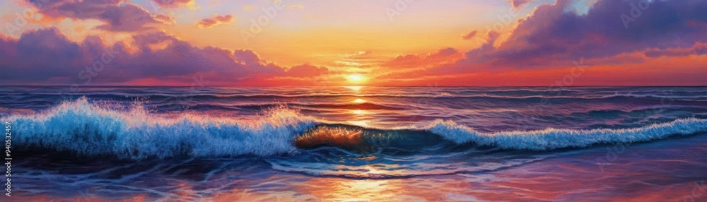 Sunset Over the Ocean with Breaking Waves Sunset Over the Ocean with Breaking Waves