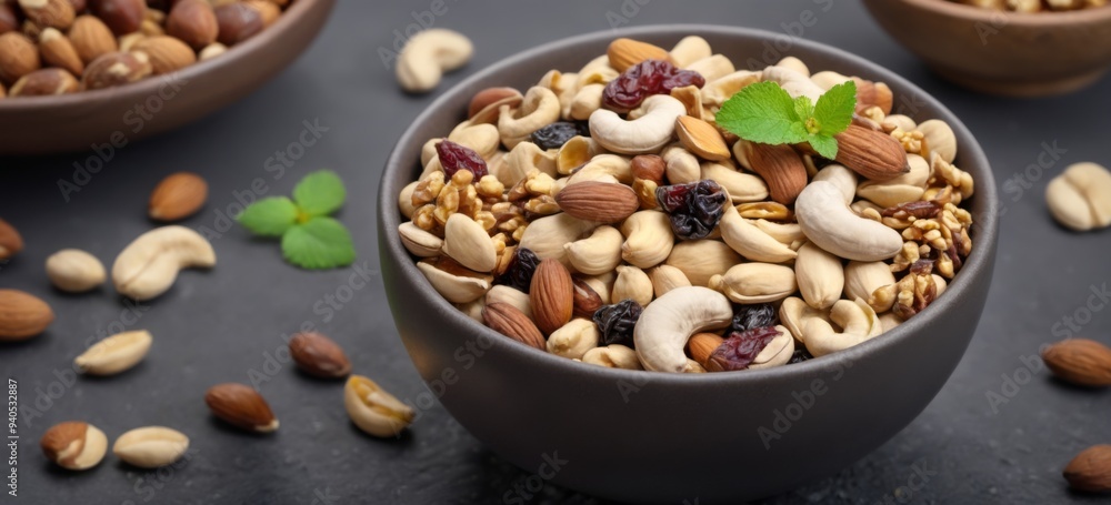 Assorted Nuts and Dried Fruits in Black Bowl on Textured Surface Assorted Nuts and Dried Fruits in Black Bowl on Textured Surface