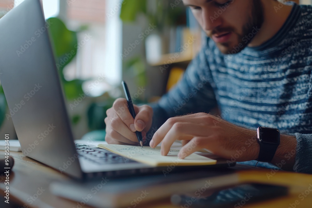 Man Writing Notes on a Notepad While Working on a Laptop in a Home Office
Man Writing Notes on a Notepad While Working on a Laptop in a Home Office