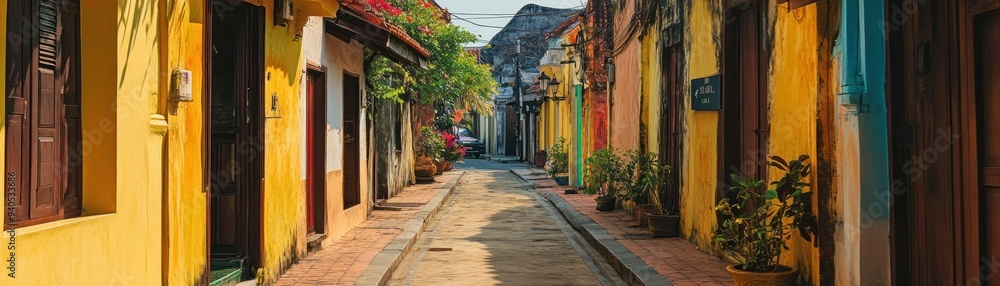 Fototapeta premium Narrow Alleyway with Colorful Buildings and Lush Greenery