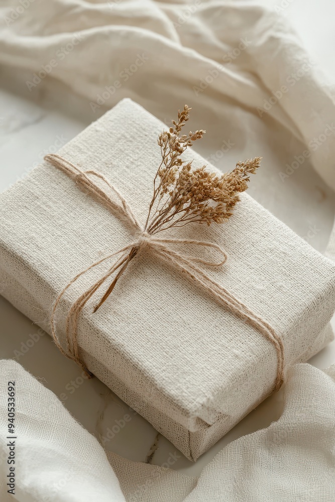 Minimalist gift box with a rough, linen texture and dried leaves Minimalist gift box with a rough, linen texture and dried leaves