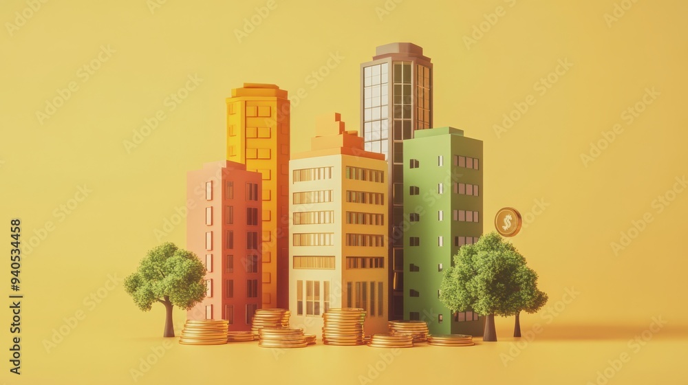 Wealth creation flat design, side view, building assets theme, 3D render, Splitcomplementary color scheme Wealth creation flat design, side view, building assets theme, 3D render, Splitcomplementary color scheme