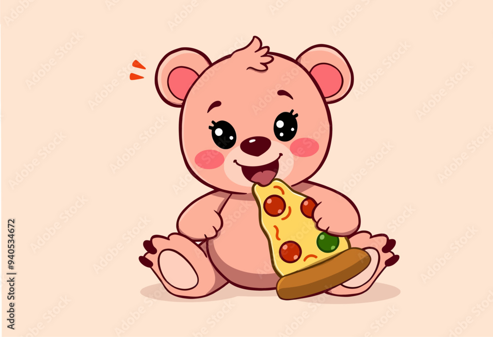 Adorable Pink Bear with Pizza Adorable Pink Bear with Pizza