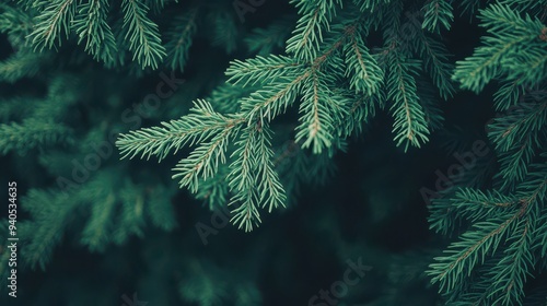 Close-Up of Evergreen Pine Tree Branches with Dark Green Needles 