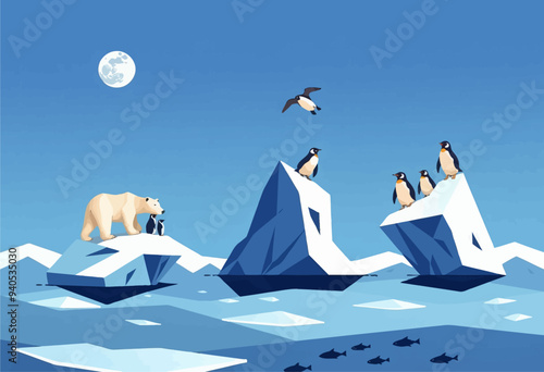 Arctic Adventure: Polar Bear and Penguins on Icebergs