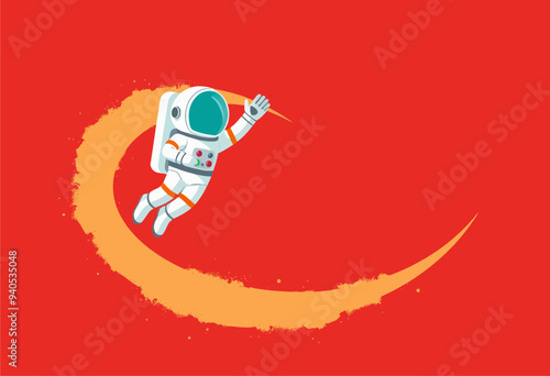 Astronaut in space suit with orange and yellow trail, floating above red background