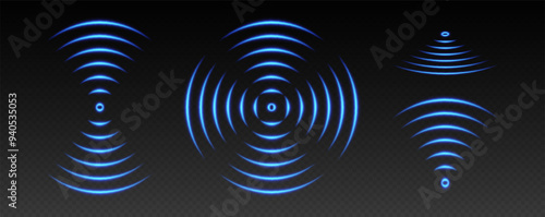 WiFi light effect, sound wave icons, radar signal concept. Blue wireless network glowing elements, neon echo or scan effect. Vector illustration.