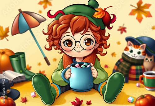Autumnal Scene with a Girl in a Hat, Holding a Mug of Candy, Surrounded by Fall Leaves and Animals