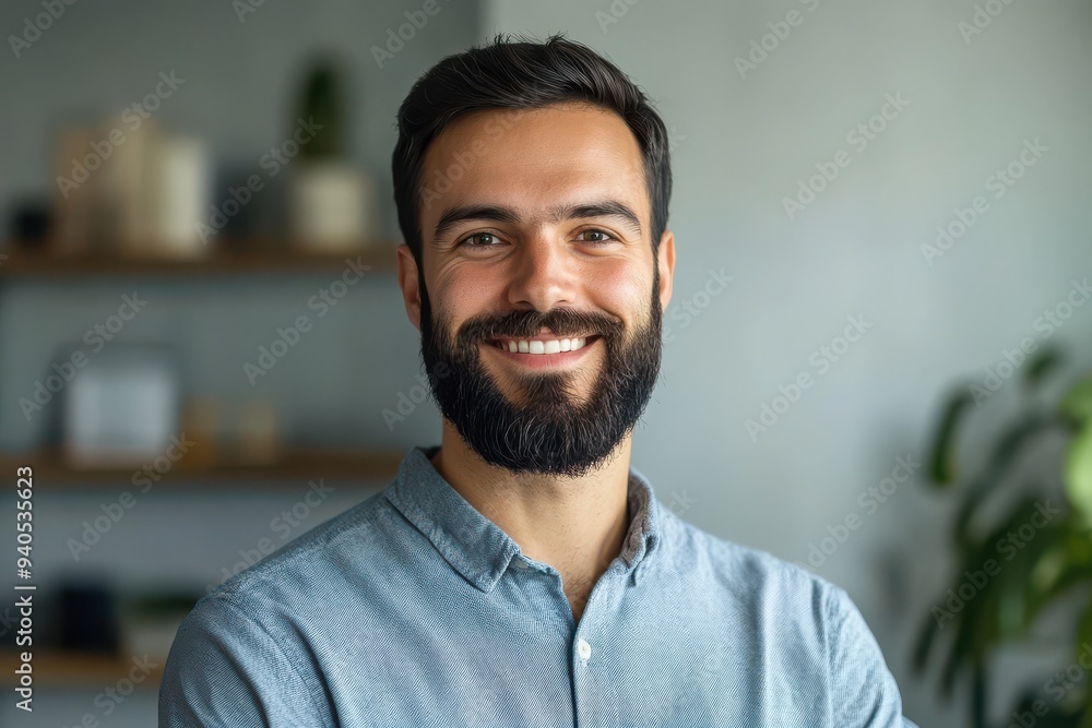 Portrait of a Smiling Bearded Man in a Light Blue Shirt at Home
Portrait of a Smiling Bearded Man in a Light Blue Shirt at Home