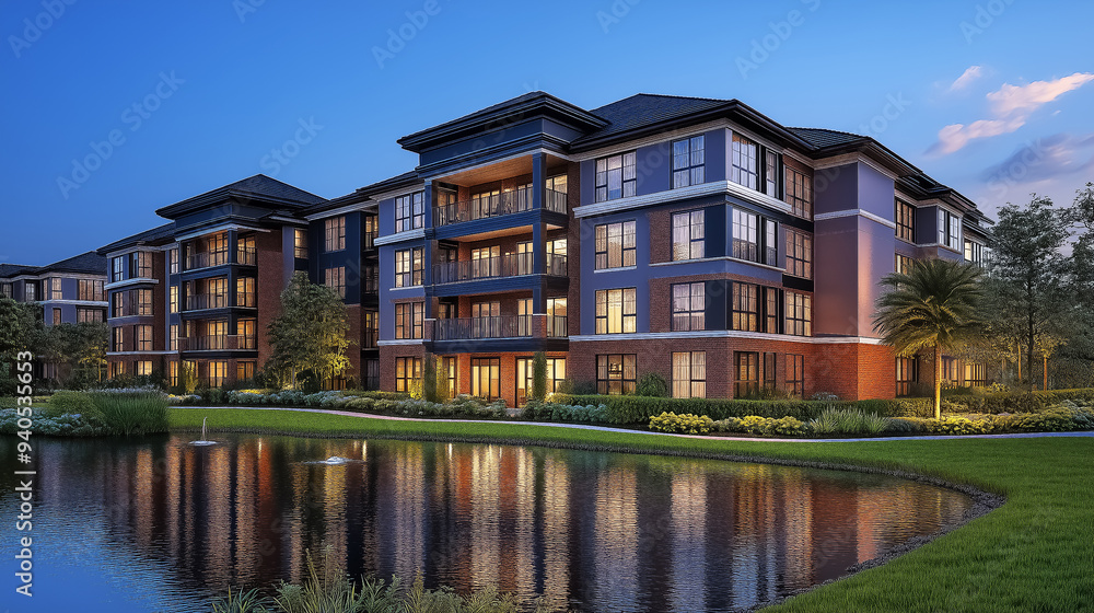 Modern apartment complex by a serene pond, ideal for real estate marketing and luxury living promotions. Modern apartment complex by a serene pond, ideal for real estate marketing and luxury living promotions.
