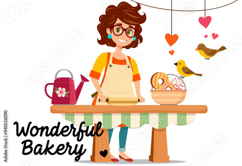 Cheerful Baker with Pastries and Heart-Shaped Birds