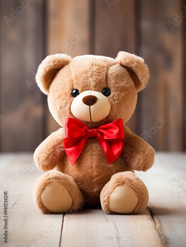 Cute Teddy Bear with Red Bow on Wooden Surface