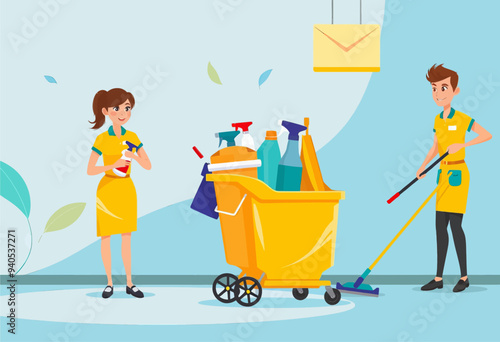 Cleaning Team at Work: Two Cleaners with Brooms and Bags