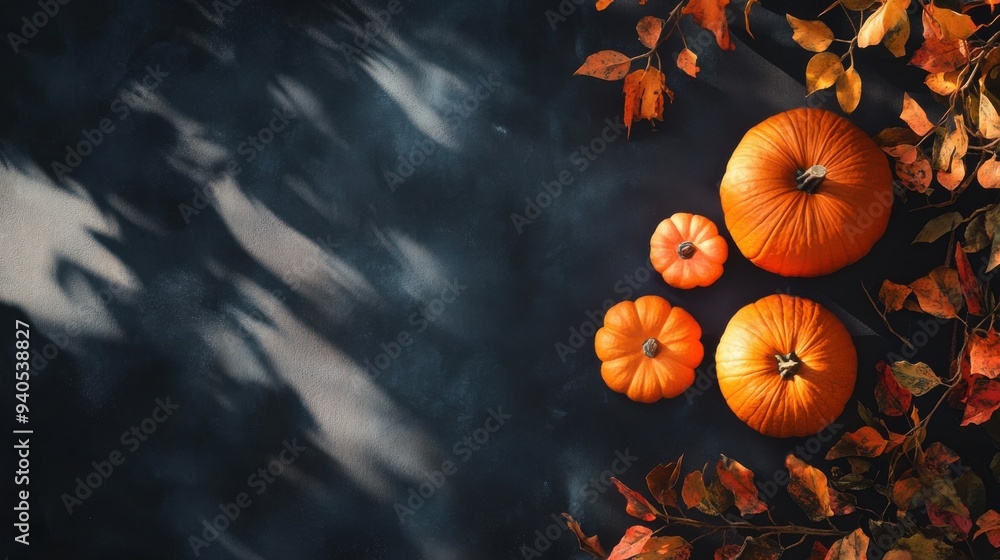 Orange Pumpkins and Autumn Leaves on a Dark Background with Dramatic Lighting
Orange Pumpkins and Autumn Leaves on a Dark Background with Dramatic Lighting