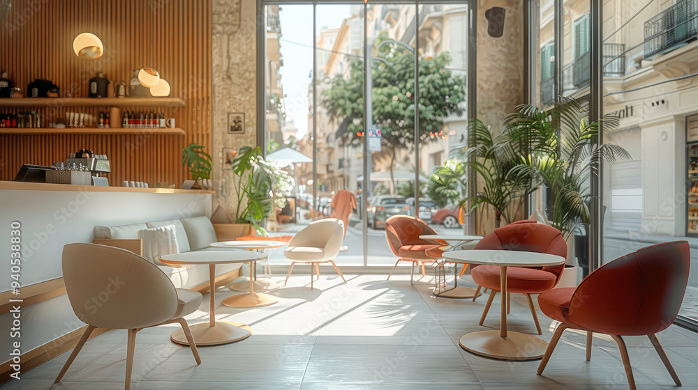 Modern-style cafe. The seating is arranged in a large circle, with comfortable and inviting chairs facing the center. Generative AI. Modern-style cafe. The seating is arranged in a large circle, with comfortable and inviting chairs facing the center. Generative AI.