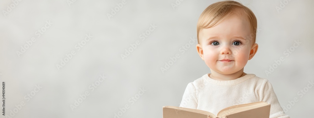 A baby gazes at the camera with a surprised expression, holding a book in front of a pristine white backdrop A baby gazes at the camera with a surprised expression, holding a book in front of a pristine white backdrop