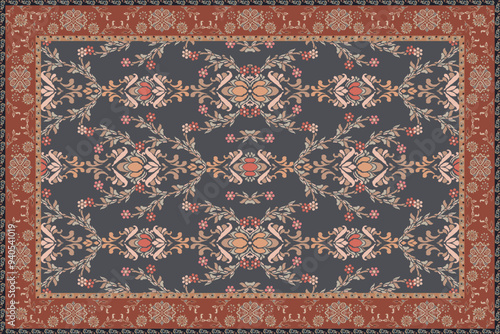 Vintage Arabic pattern. Persian colored carpet. Rich ornament for fabric design, handmade, interior decoration, textiles. Blue and beige background.