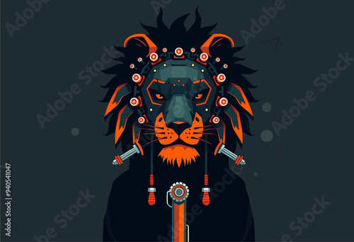 Futuristic Lion Character with Cybernetic Headpiece and Mechanical Arm
