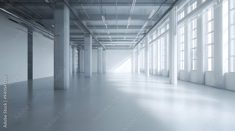 A large, empty industrial interior with sleek metal pillars and smooth white walls, offering a blank canvas for various industrial or creative purposes A large, empty industrial interior with sleek metal pillars and smooth white walls, offering a blank canvas for various industrial or creative purposes
