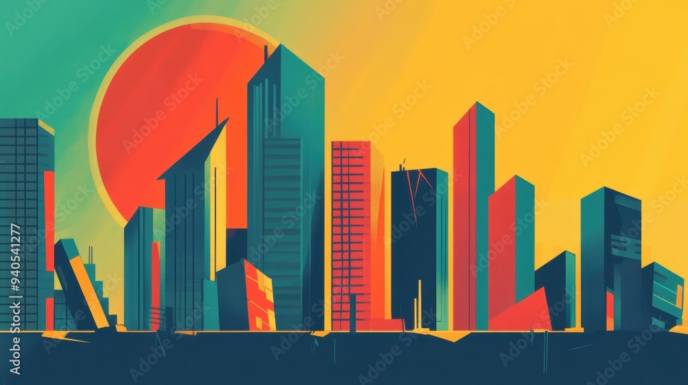 Fototapeta premium Economic recession flat design, front view, downturn theme, cartoon drawing, Splitcomplementary color scheme