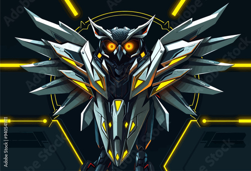 Futuristic Owl Robot with Glowing Eyes and Sharp Teeth