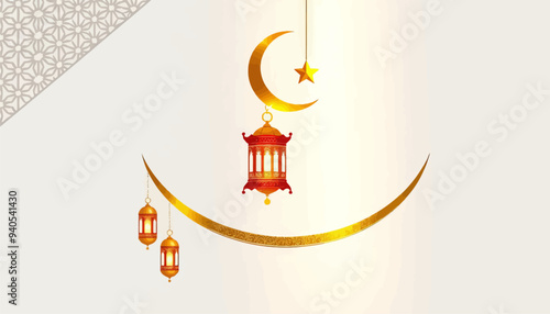 Golden Crescent Moon and Star Decoration with Hanging Lanterns