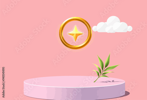 Golden Star Above Pink Circular Platform with Plant