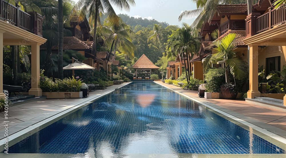 Fototapeta premium The hotel with Thai architecture, offers expansive views of the pool area with lush tropical gardens and blue swimming pool. a large outdoor pool surrounded by greenery and palm trees. Generative AI.