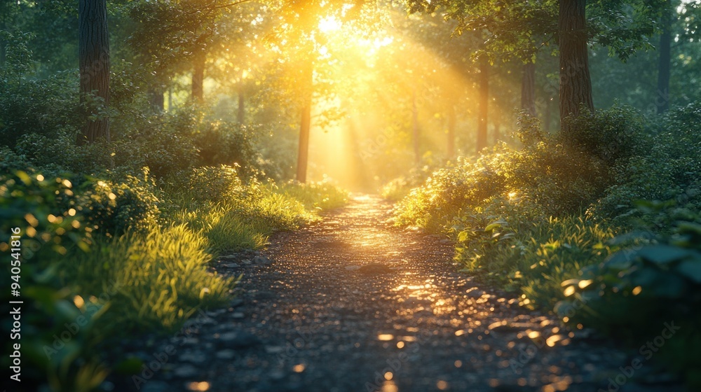 Obraz premium Sunlight Filtering Through the Trees on a Forest Path