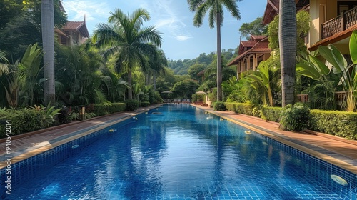 Wallpaper Mural The hotel with Thai architecture, offers expansive views of the pool area with lush tropical gardens and blue swimming pool. a large outdoor pool surrounded by greenery and palm trees. Generative AI. Torontodigital.ca