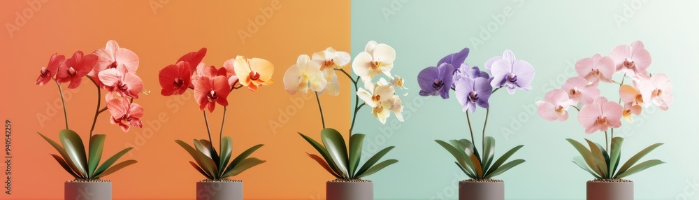 Fototapeta premium Orchid collection flat design, front view, diverse and colorful blooms theme, 3D render, Splitcomplementary color scheme