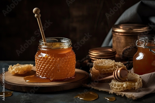 Honeycombs with Glass Honey Jar Dripping Honey on Black Background Featuring Dark Photography Highlighting Rich Golden Texture Perfect for Gourmet Food Promotions