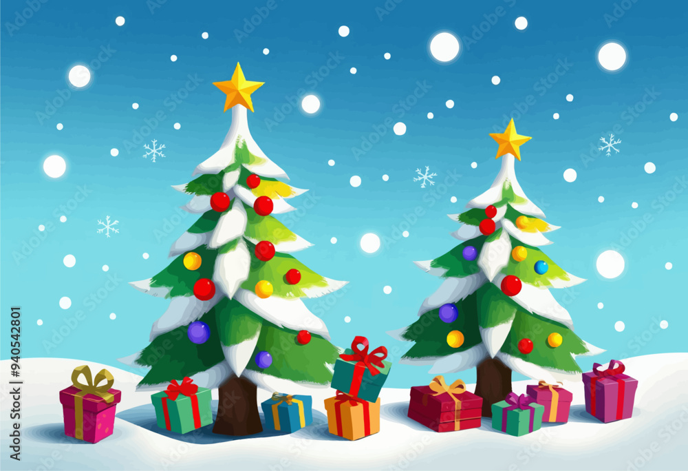 Holiday Cheer: Two Christmas Trees with Presents and Snowflakes Holiday Cheer: Two Christmas Trees with Presents and Snowflakes