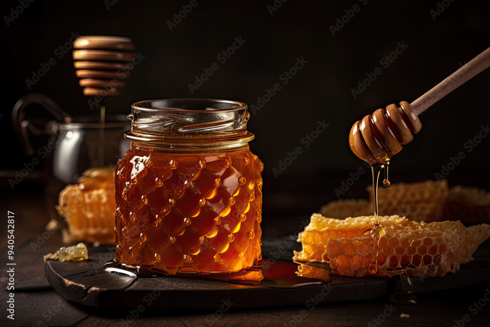 Honeycombs with Glass Honey Jar Dripping Honey on Black Background Featuring Dark Photography Highlighting Rich Golden Texture Perfect for Gourmet Food Promotions Honeycombs with Glass Honey Jar Dripping Honey on Black Background Featuring Dark Photography Highlighting Rich Golden Texture Perfect for Gourmet Food Promotions