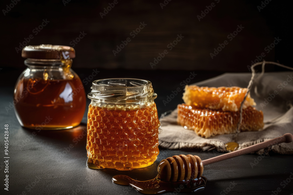Honeycombs with Glass Honey Jar Dripping Honey on Black Background Featuring Dark Photography Highlighting Rich Golden Texture Perfect for Gourmet Food Promotions Honeycombs with Glass Honey Jar Dripping Honey on Black Background Featuring Dark Photography Highlighting Rich Golden Texture Perfect for Gourmet Food Promotions