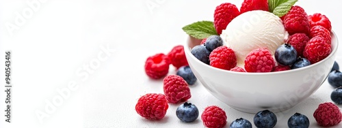  A pristine white surface holds a vibrant bowl of raspberries, blueberries, and a single scoop of velvety vanilla ice cream